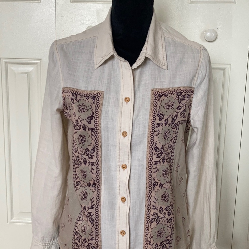 Free People Cream and Purple Button Down Shirt